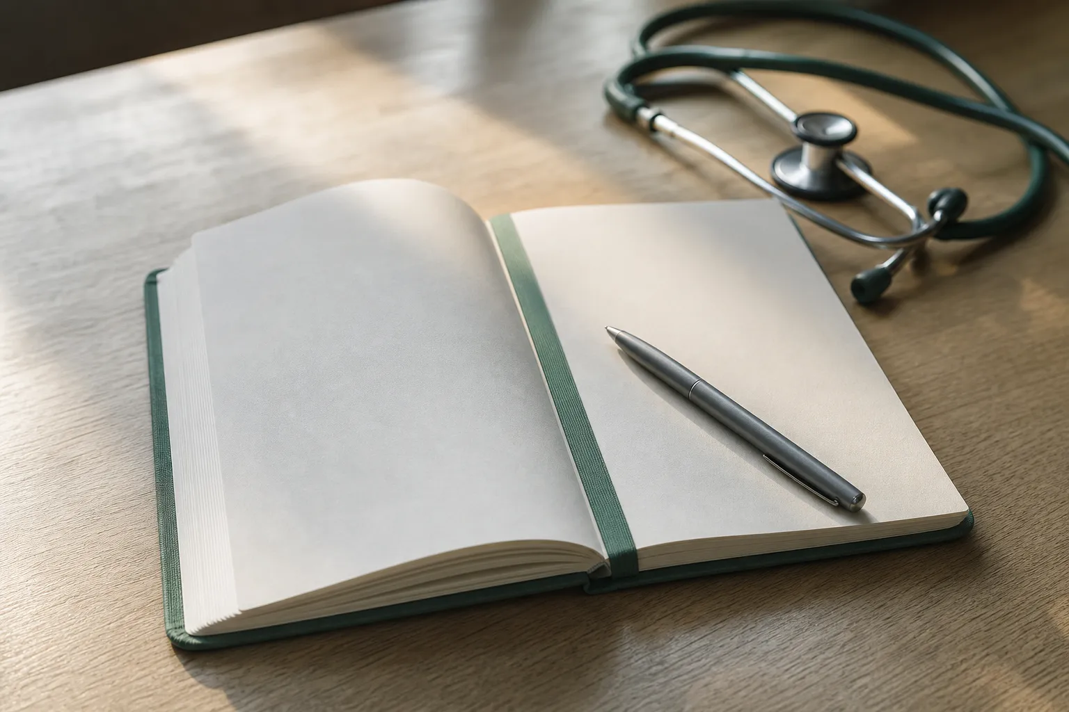 Carnet de tournée infirmière ouvert sur une table, stylo et stéthoscope à proximité