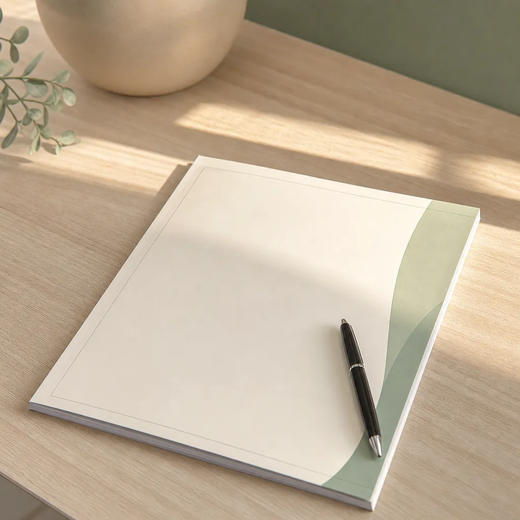 Document contractuel fermé posé sur un bureau, un stylo à côté