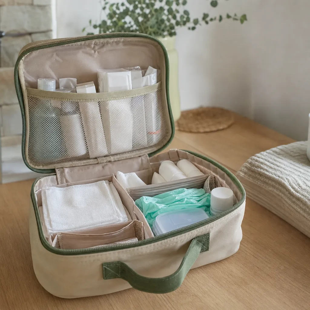 Trousse de soins infirmière ouverte sur une table, matériel de soins organisé